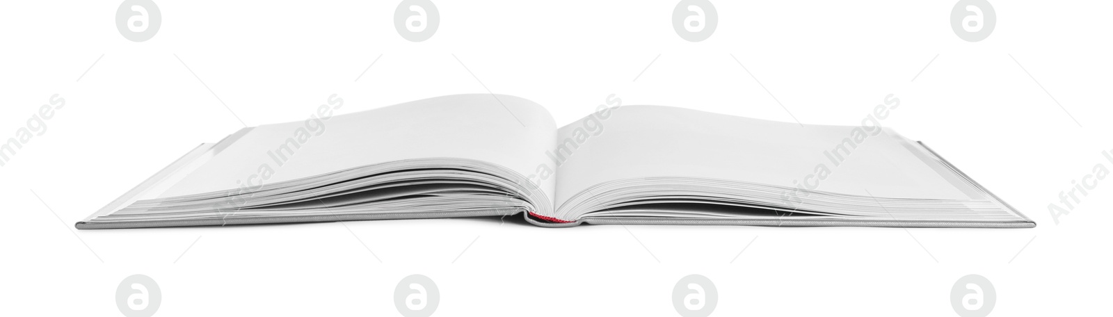 Photo of Open book with hard cover isolated on white