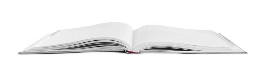 Photo of Open book with hard cover isolated on white