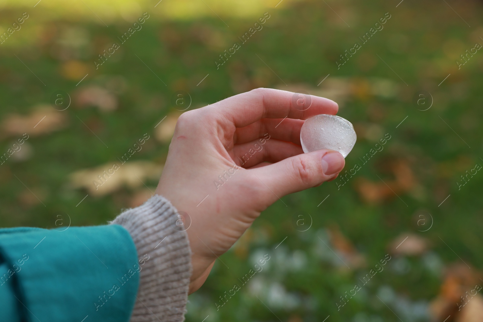 Photo of Woman holding hail grain after thunderstorm outdoors, closeup