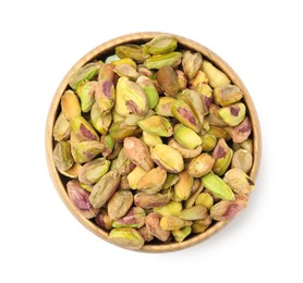 Peeled pistachio nuts in bowl isolated on white, top view