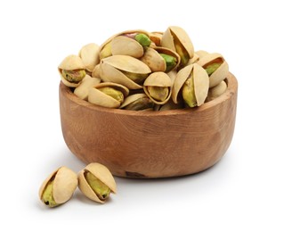 Tasty pistachio nuts in bowl isolated on white