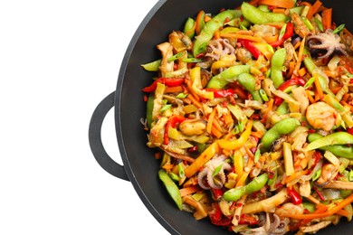 Photo of Stir-fry sea food in wok isolated on white, top view