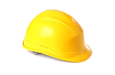 Photo of Yellow hard hat isolated on white. Safety equipment