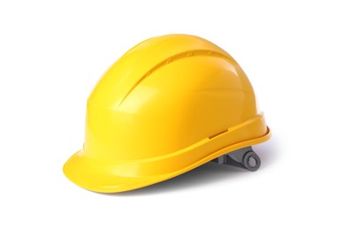 Photo of Yellow hard hat isolated on white. Safety equipment