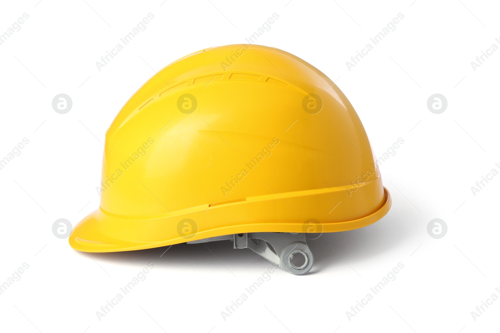 Photo of Yellow hard hat isolated on white. Safety equipment