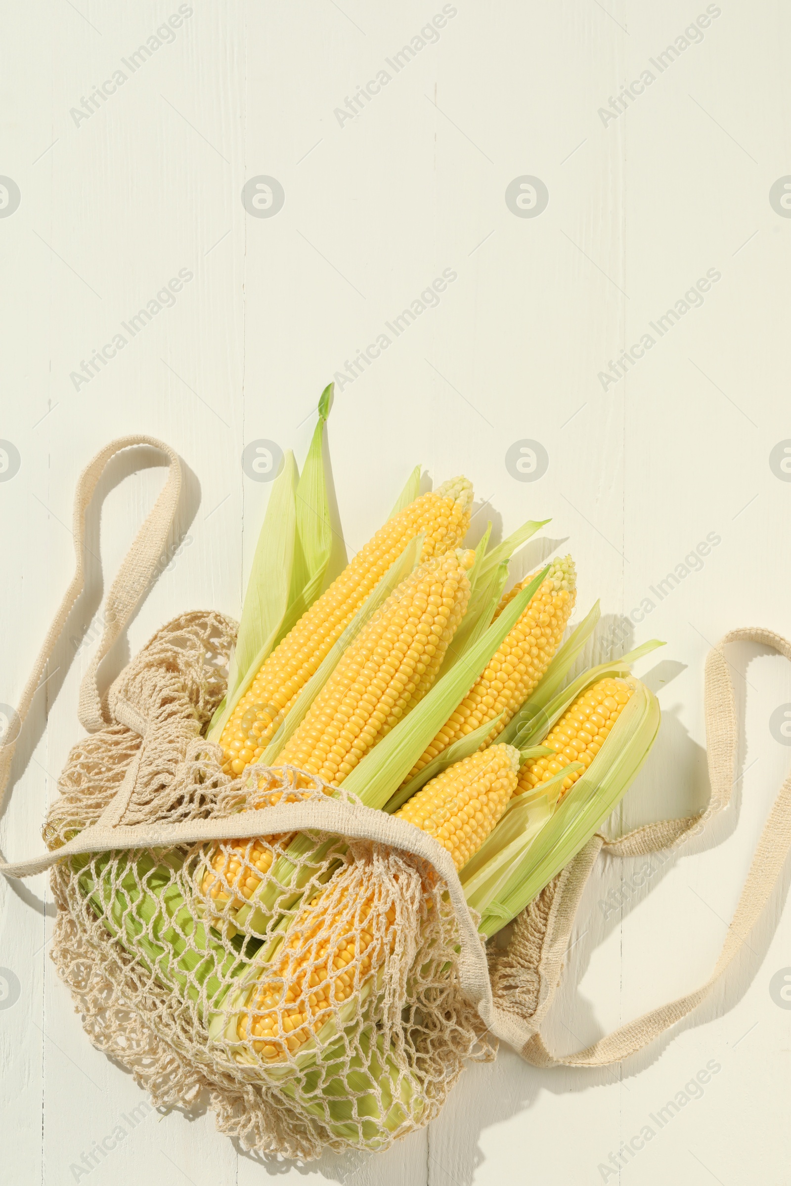 Photo of Many fresh ripe corncobs with green husks on white wooden table, top view