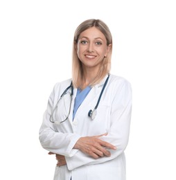 Portrait of doctor in medical uniform with stethoscope isolated on white