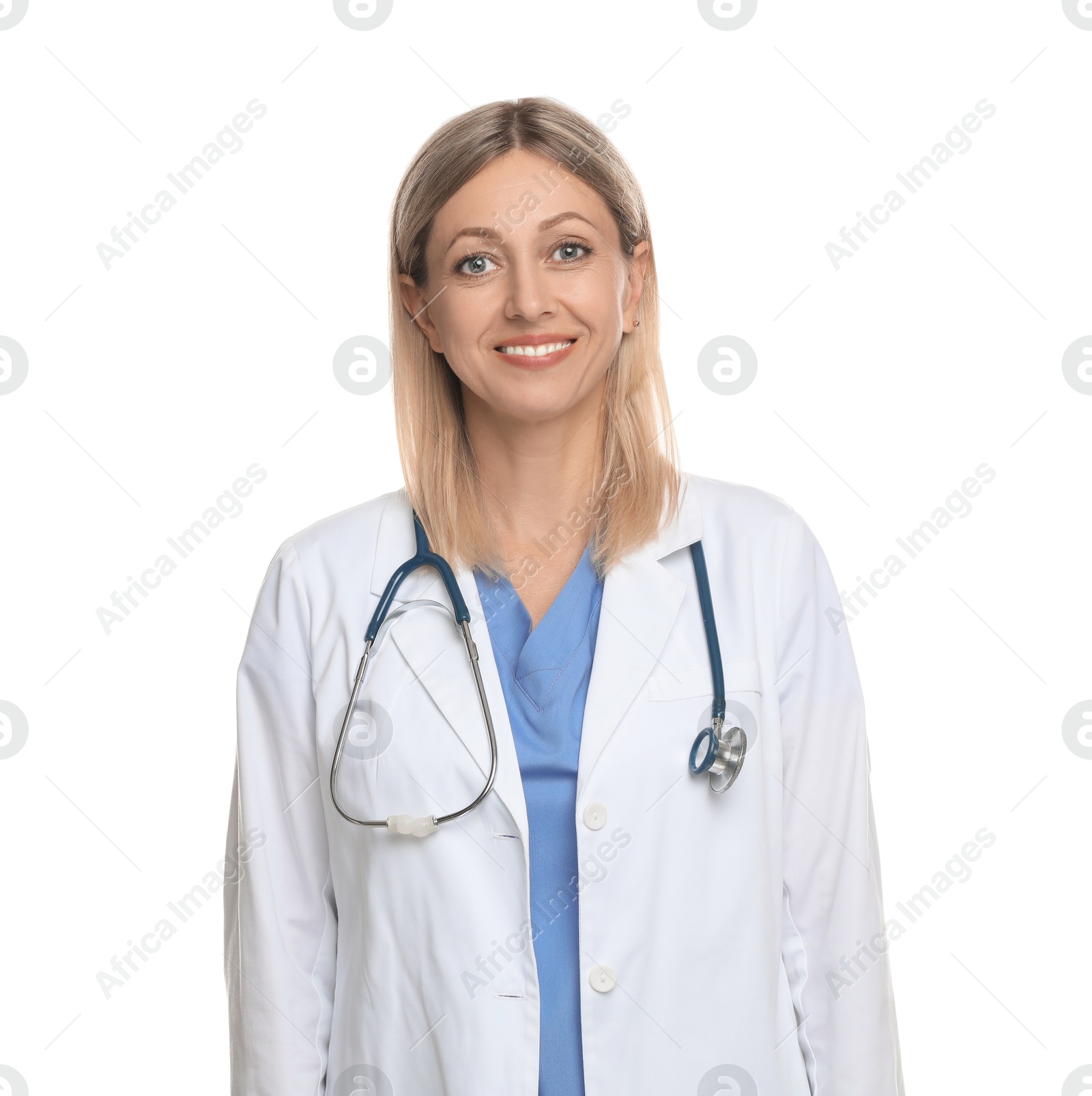 Photo of Portrait of doctor in medical uniform with stethoscope isolated on white