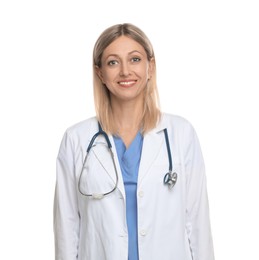 Portrait of doctor in medical uniform with stethoscope isolated on white