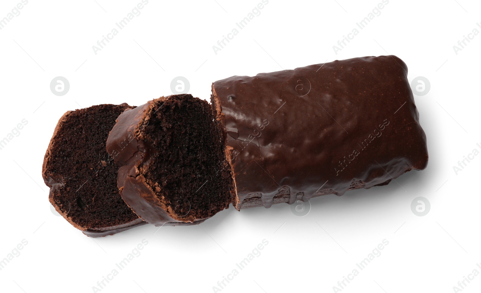 Tasty chocolate sponge cake isolated on white, above view Photo of Tasty chocolate sponge cake isolated on white, above view