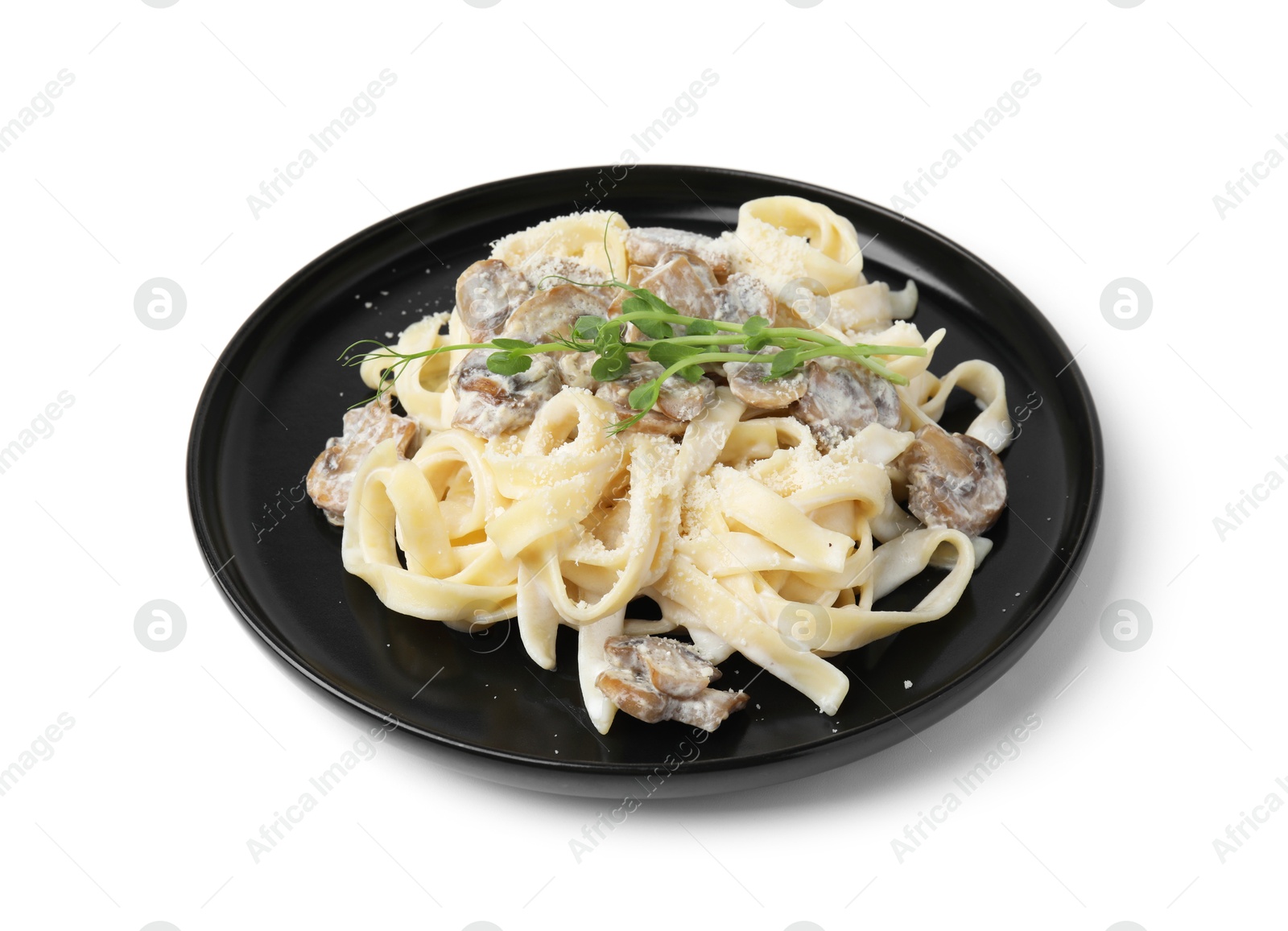 Photo of Delicious pasta with mushrooms isolated on white