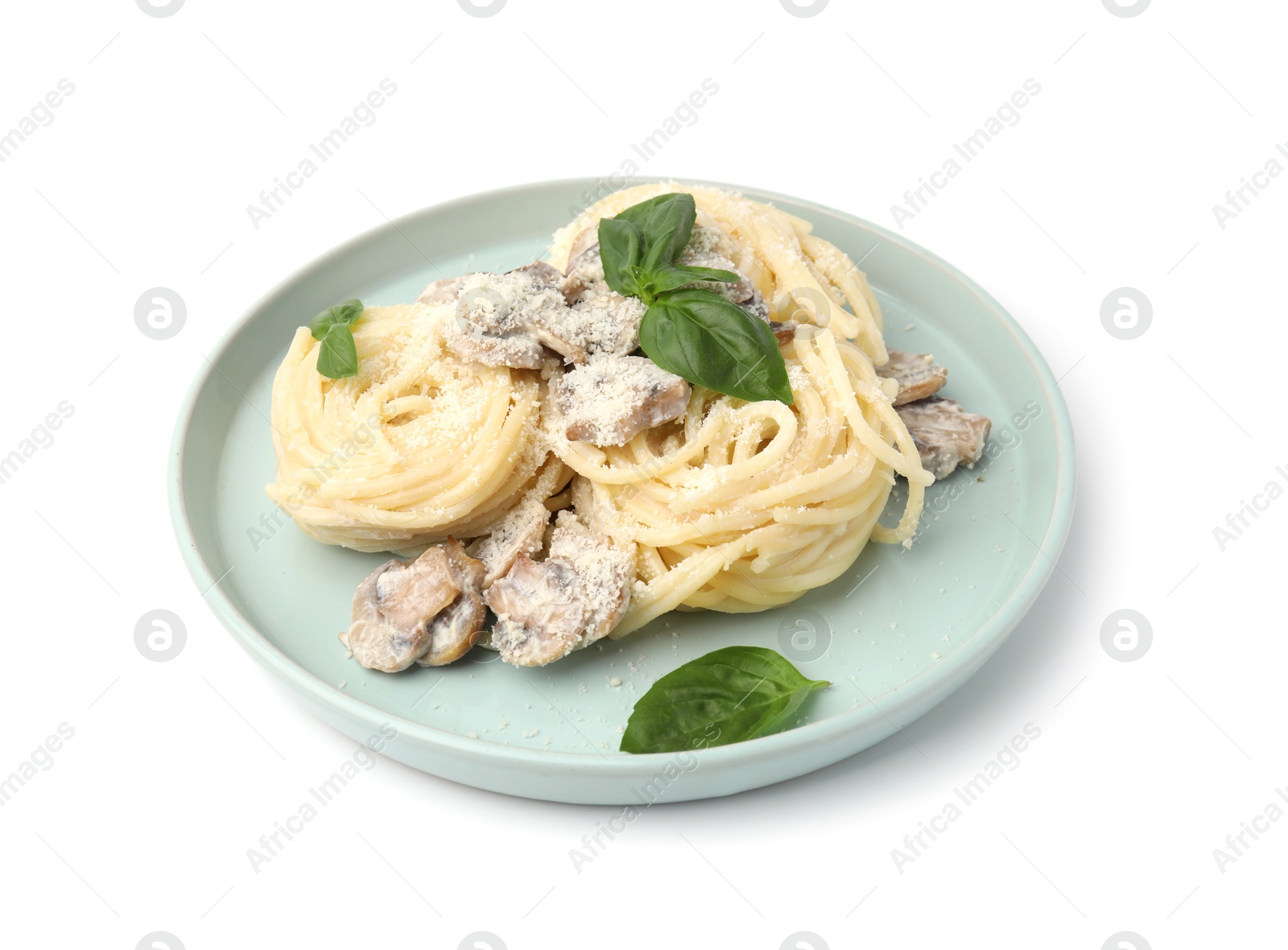 Photo of Delicious pasta with mushrooms and basil isolated on white