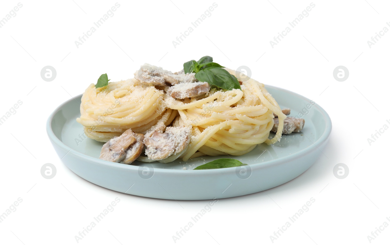 Photo of Delicious pasta with mushrooms and basil isolated on white