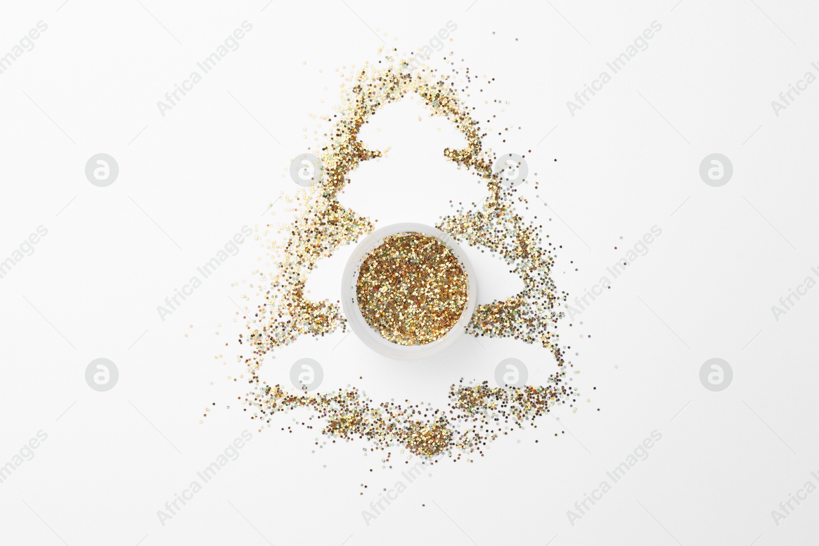 Photo of Christmas tree made of glitter on white background, top view