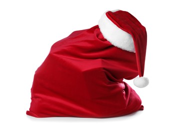 Photo of Red Santa Claus bag and hat isolated on white