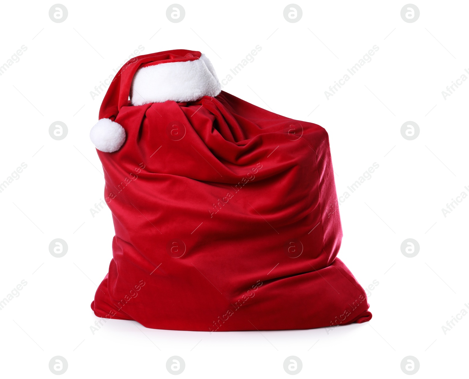 Photo of Red Santa Claus bag and hat isolated on white