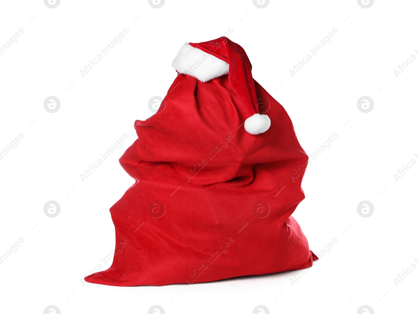 Photo of Red Santa Claus bag and hat isolated on white