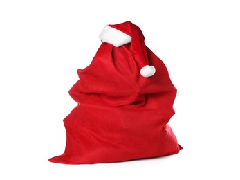 Photo of Red Santa Claus bag and hat isolated on white