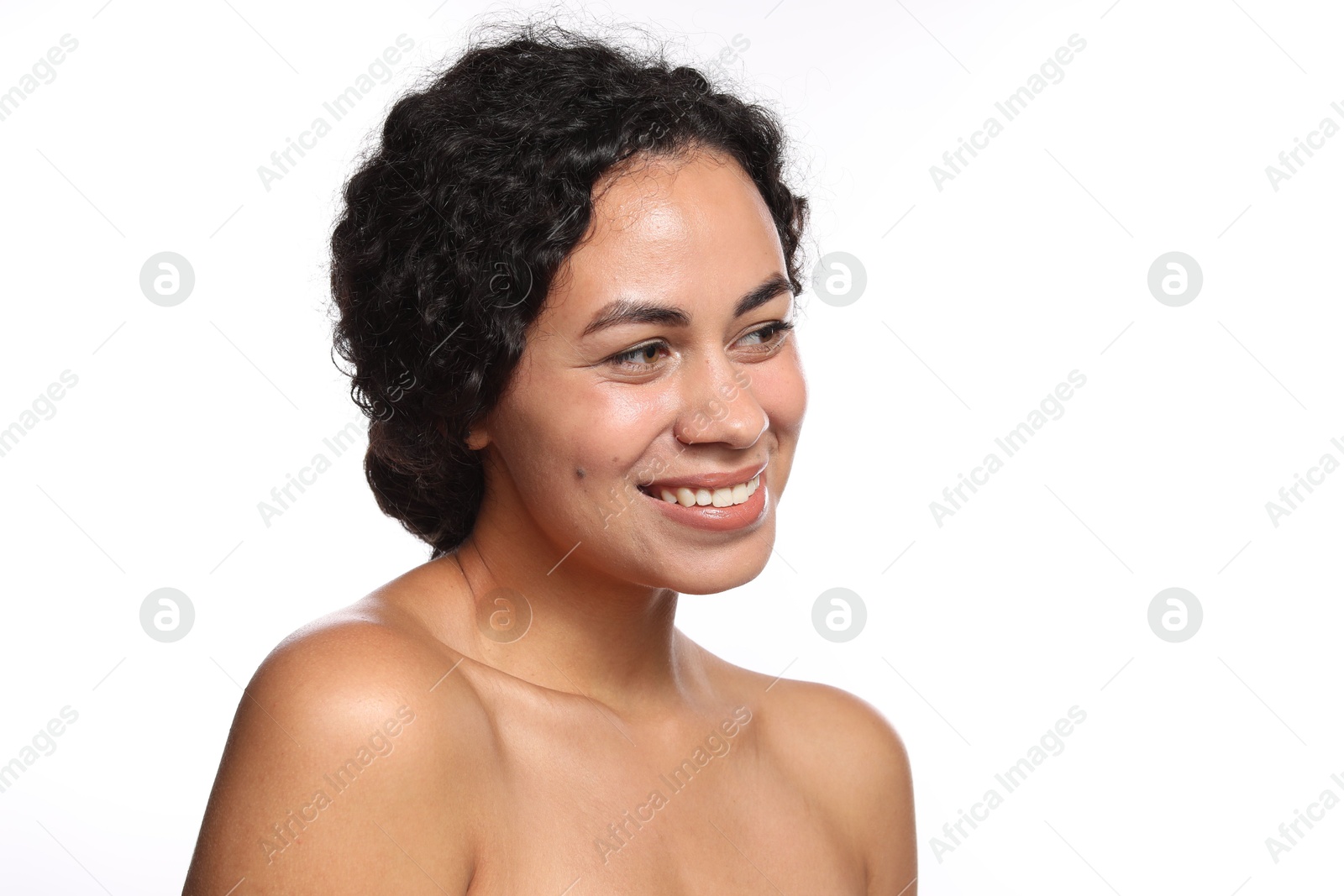 Photo of Cosmetology. Beautiful woman with perfect skin on white background