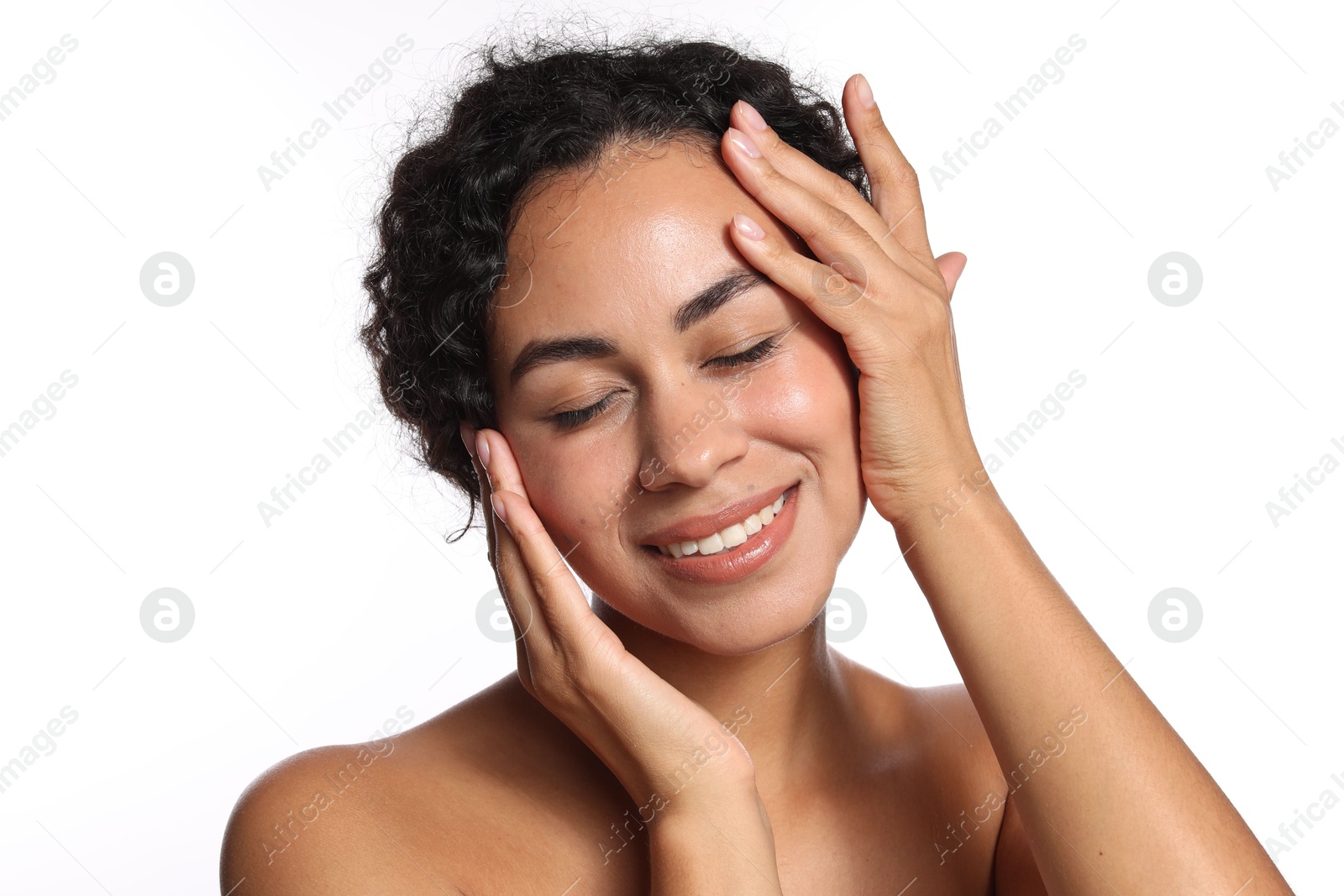 Photo of Cosmetology. Beautiful woman with perfect skin on white background