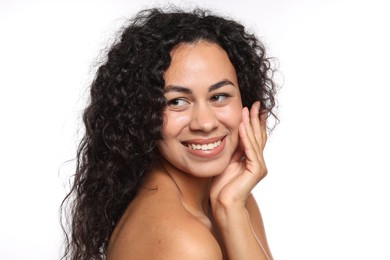 Photo of Cosmetology. Beautiful woman with perfect skin on white background