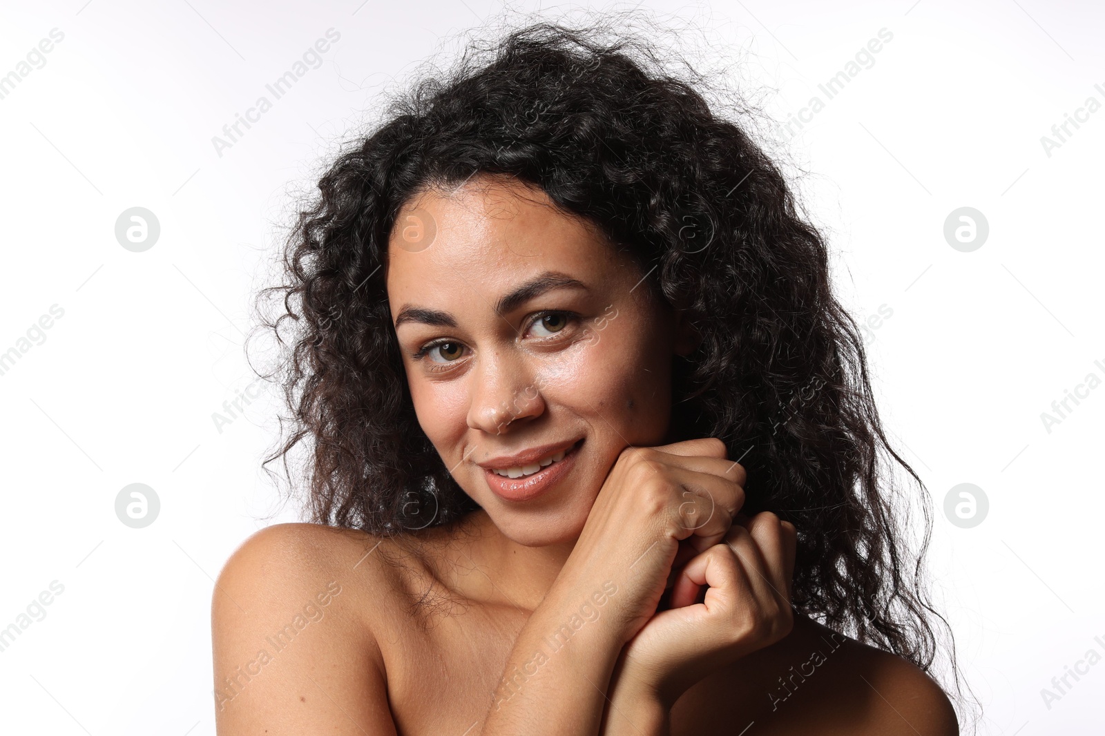 Photo of Cosmetology. Beautiful woman with perfect skin on white background