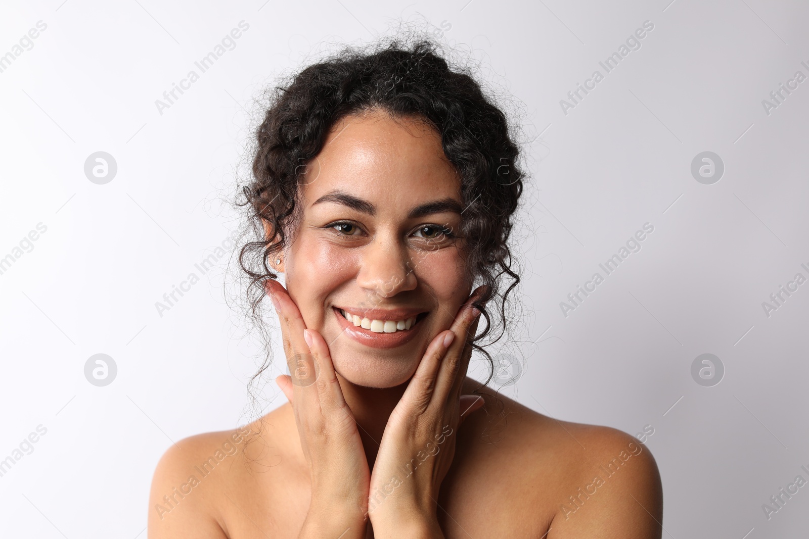 Photo of Cosmetology. Beautiful woman with perfect skin on white background