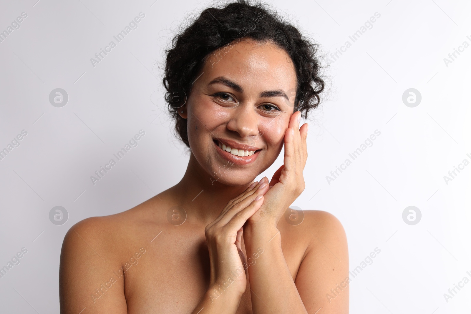 Photo of Cosmetology. Beautiful woman with perfect skin on white background