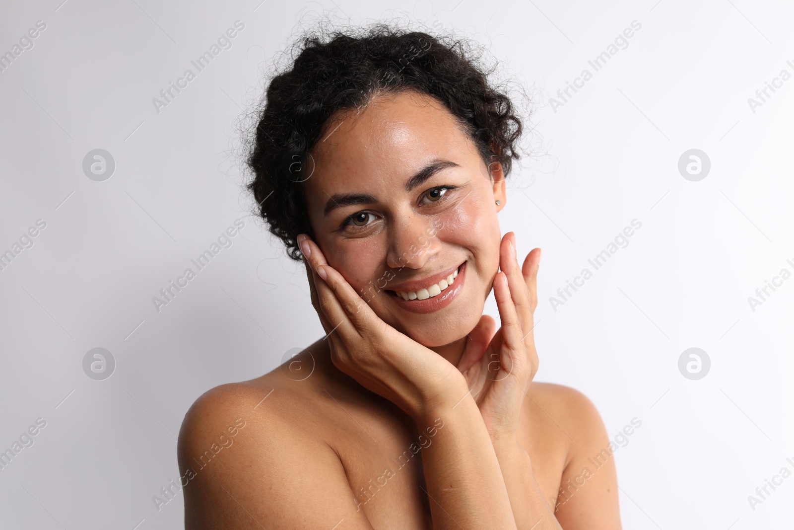 Photo of Cosmetology. Beautiful woman with perfect skin on white background