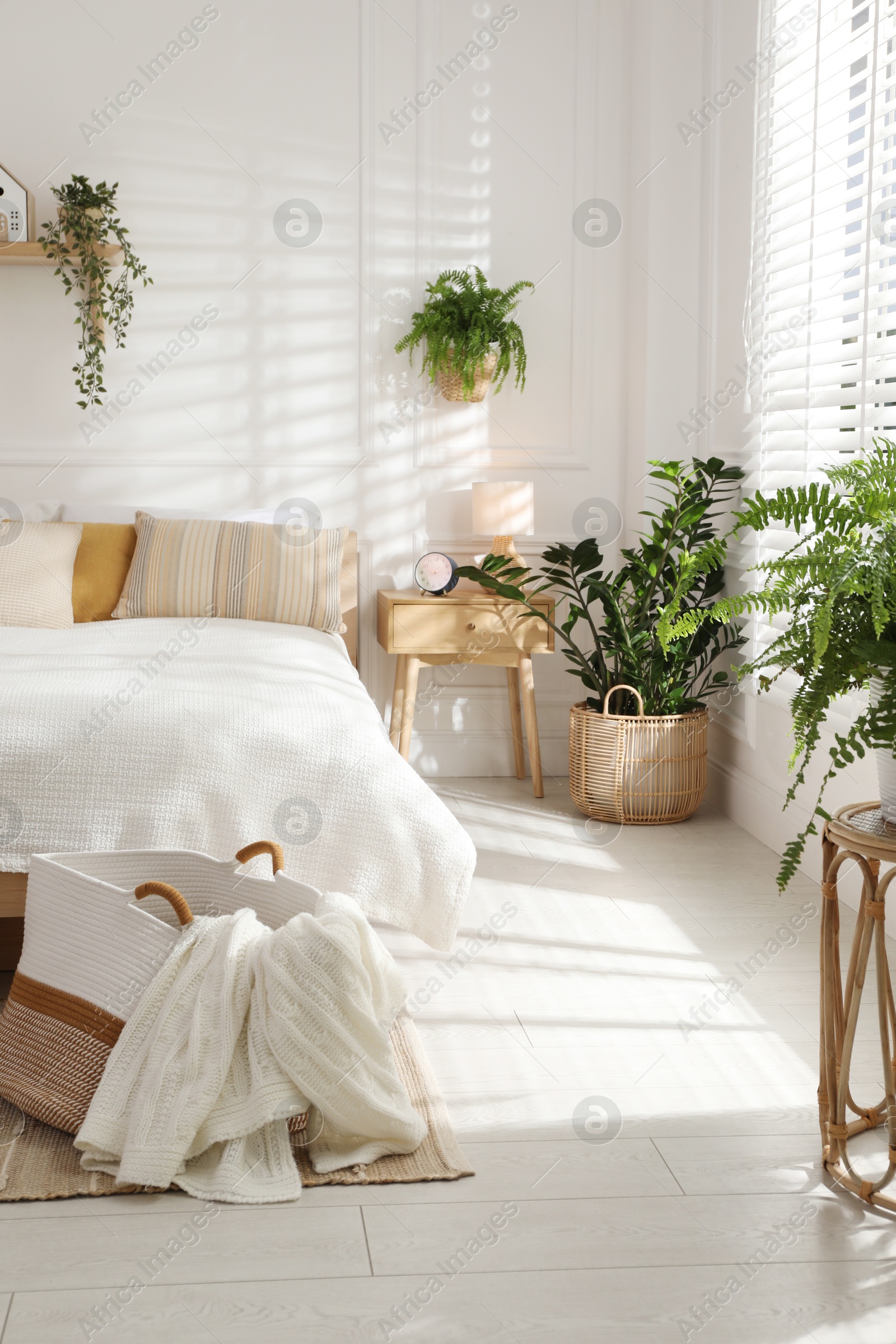 Photo of Stylish bedroom interior with large bed, houseplants and decorative elements