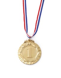 Photo of One golden medal isolated on white, top view