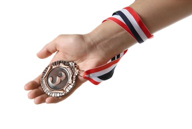 Photo of Woman with bronze medal on white background, closeup