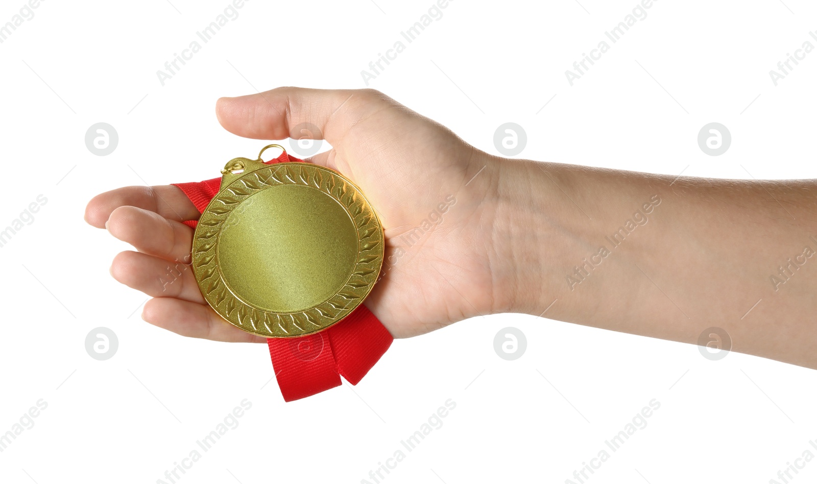 Photo of Woman with golden medal on white background, closeup