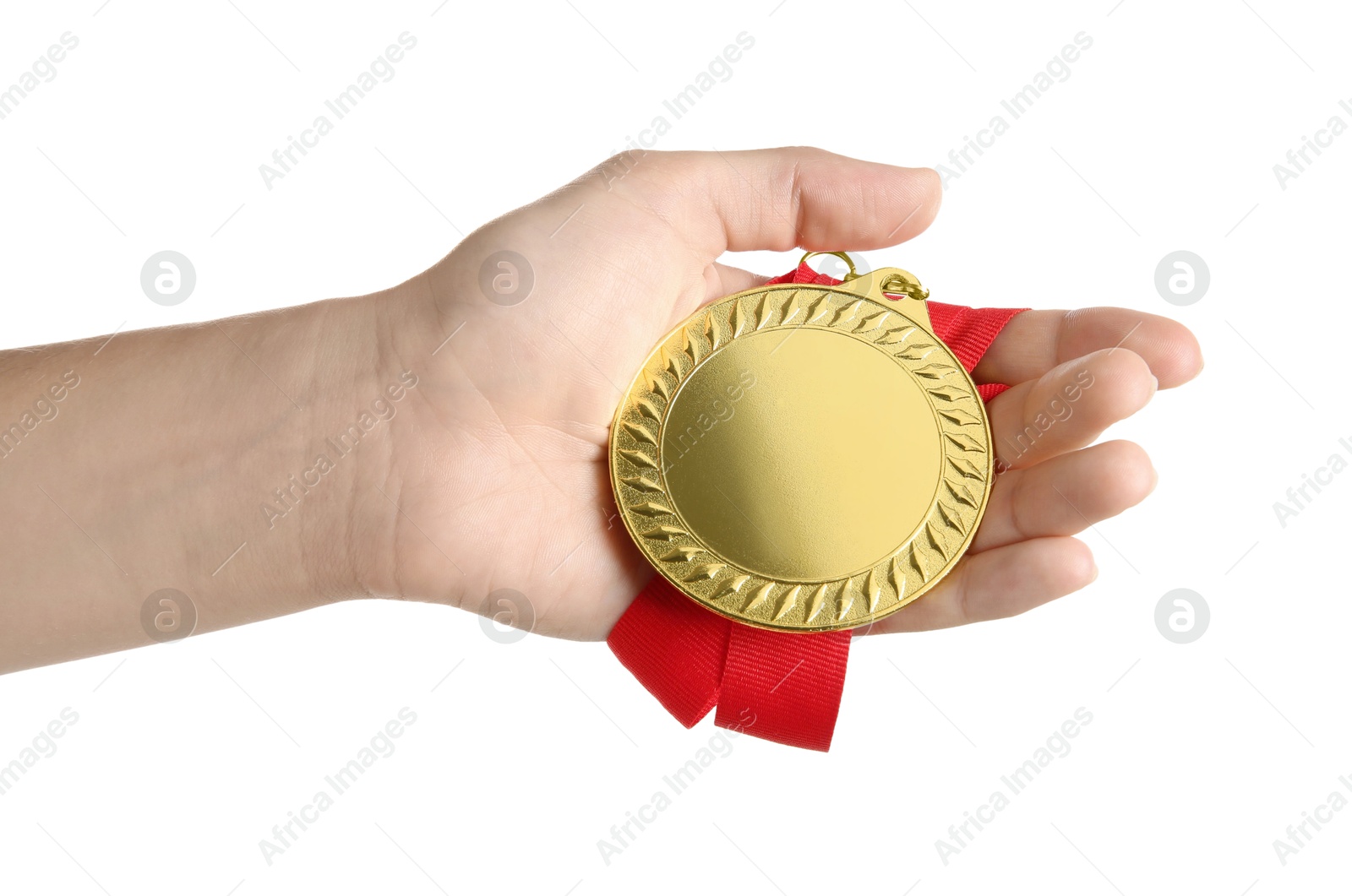 Photo of Woman with golden medal on white background, closeup