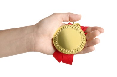 Photo of Woman with golden medal on white background, closeup