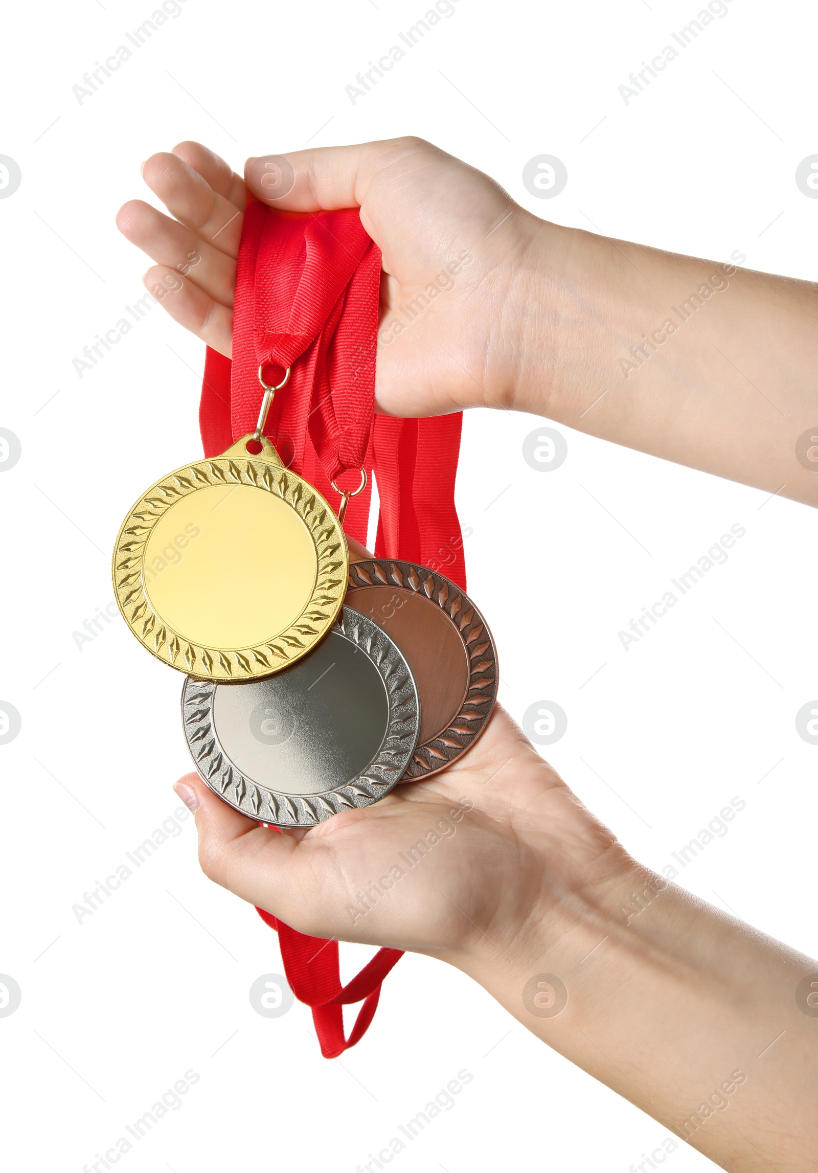 Photo of Woman with different medals on white background, closeup