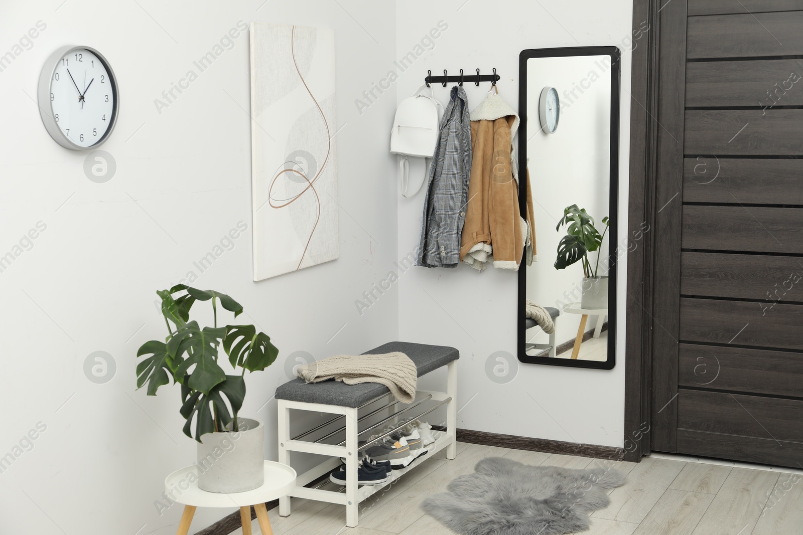 Photo of Mirror, houseplant and bench in stylish hallway