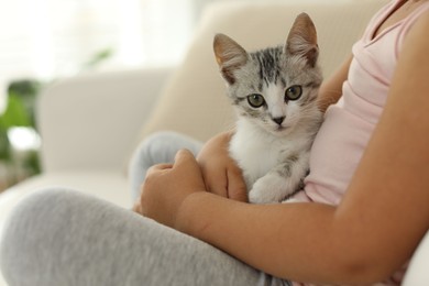 Photo of Little girl with cute kitten at home, closeup