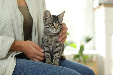 Photo of Woman with cute kitten at home, closeup