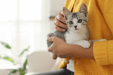 Photo of Woman with cute kitten at home, closeup. Space for text