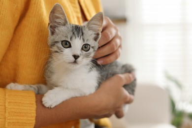 Photo of Woman with cute kitten at home, closeup