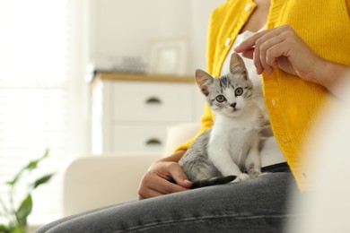 Woman with cute kitten at home, closeup. Space for text