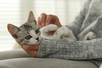 Photo of Woman with cute kitten at home, closeup