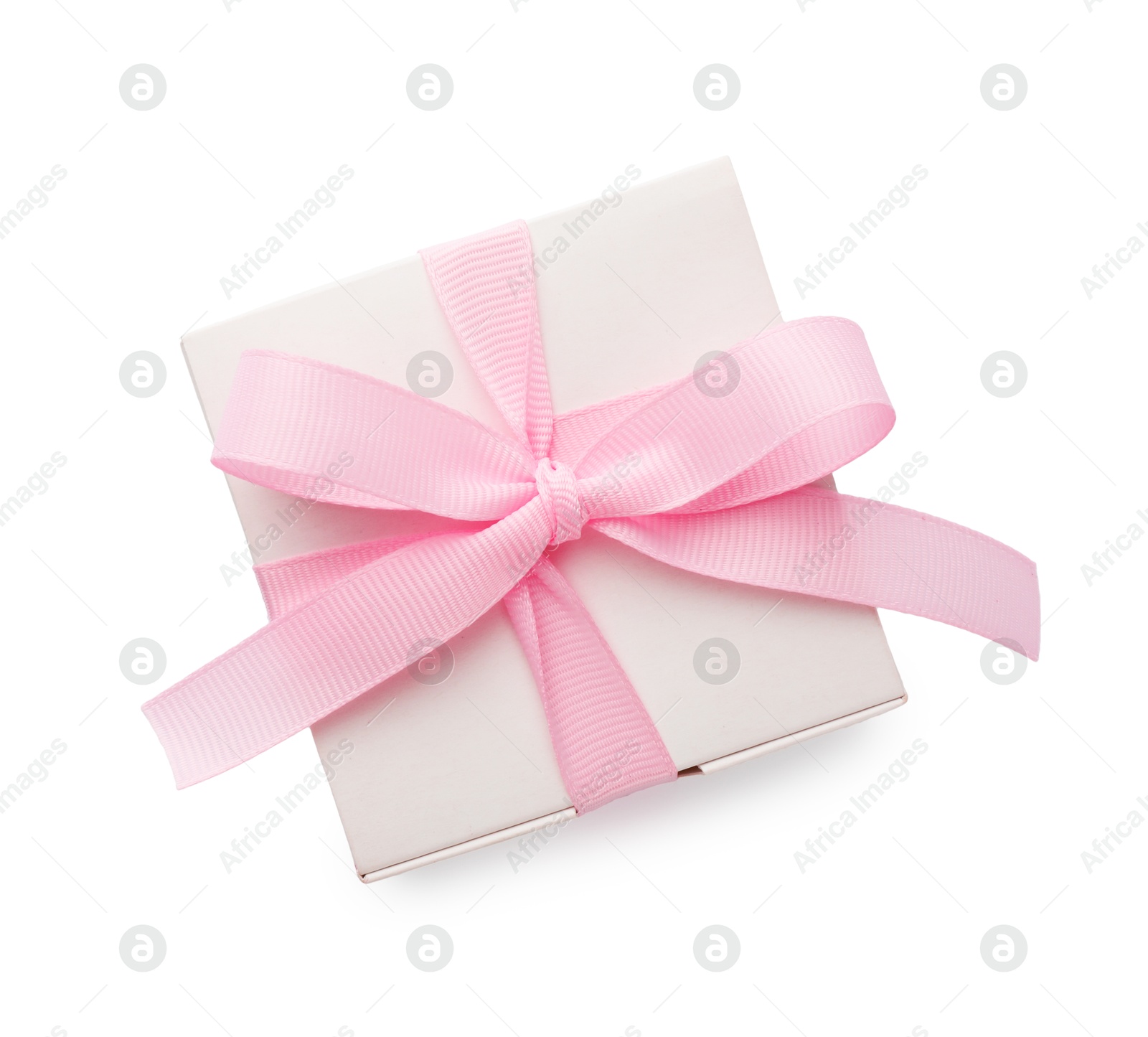 Photo of Beautiful gift box with pink bow isolated on white, top view