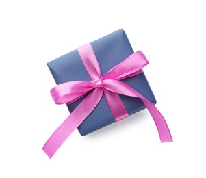 Photo of Beautiful gift box with pink bow isolated on white, top view