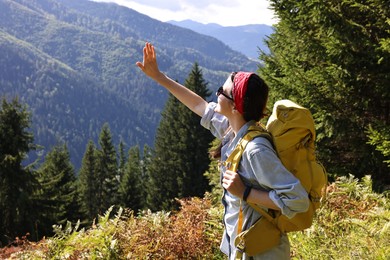 Young hiker with backpack in mountains on sunny day