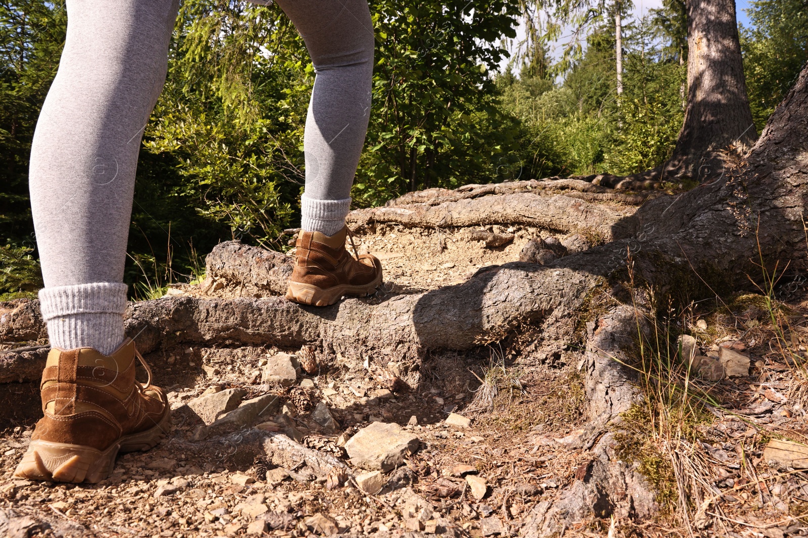 Photo of Young hiker in trekking shoes walking outdoors, closeup