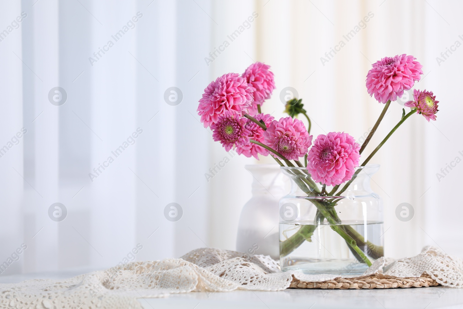 Beautiful pink flowers in vase on table indoors. Space for text Photo of Beautiful pink flowers in vase on table indoors. Space for text