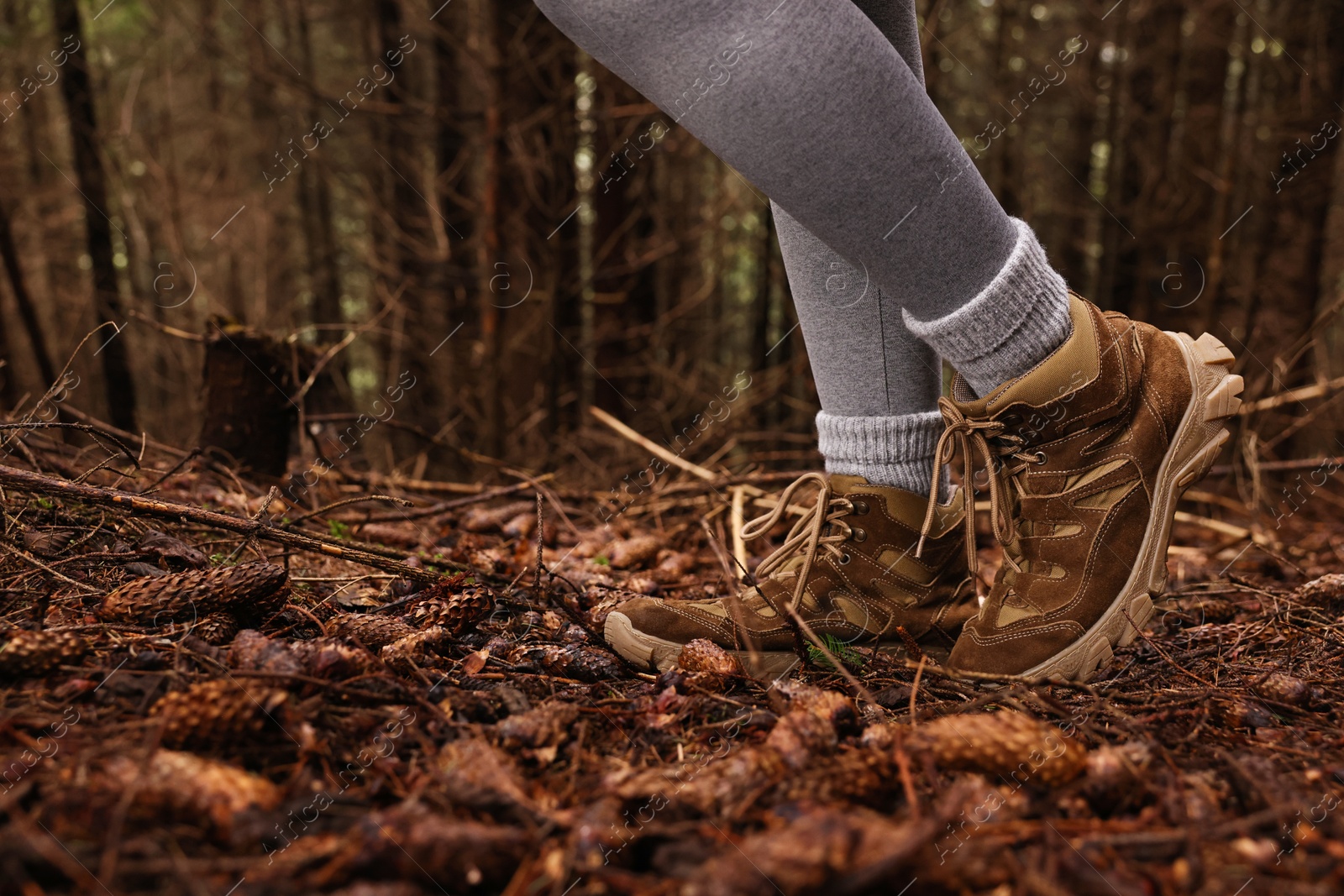 Photo of Hiker with trekking shoes in forest, closeup