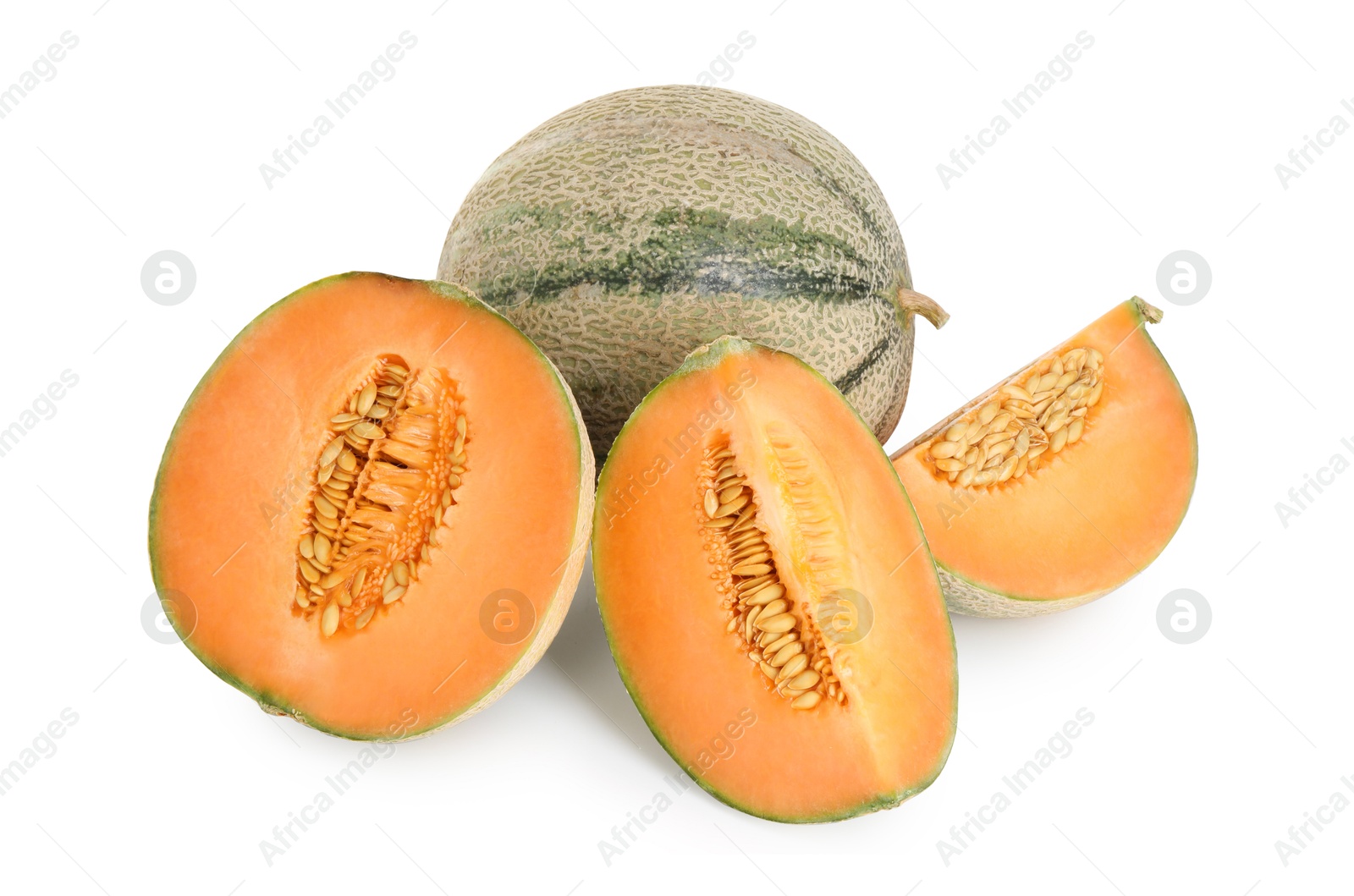 Photo of Tasty ripe Cantaloupe melons isolated on white